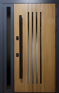 Металлическая дверь «термо» МДФ с рейками, остеклением и бугельной ручкой