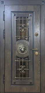 Входная термодверь со стеклами и решетками (МДФ панели + чеканка «лев»)