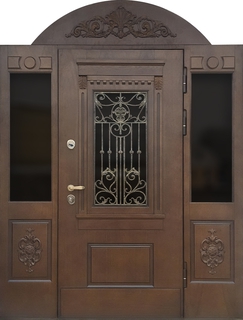 Парадная термодверь с боковыми остекленными вставками, ковкой и стеклом (МДФ шпон с резьбой) Парадная термодверь с боковыми остекленными вставками, ковкой и стеклом (МДФ шпон с резьбой)