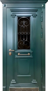 Зеленая дверь «термо» МДФ с багетом, карнизом и отбойником (стекло + ковка)